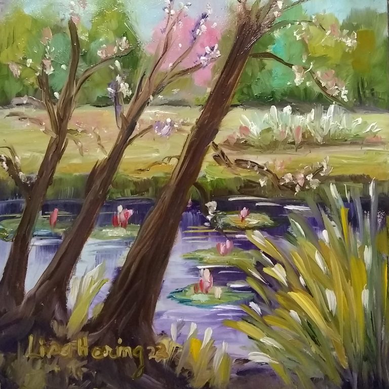 Lily Pond and Trees, 6" x 6", Oil on Board, Gold Edge, 85 USD, unframed